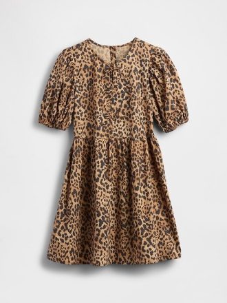 Vestido infantil de popelina con mangas abullonadas y estampado de leopardo