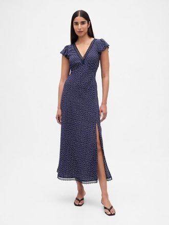 Vestido largo de crepé con escote en V y ribete de encaje