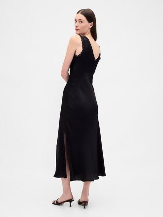 Vestido lencero largo con escote en V y ribete de encaje de satén
